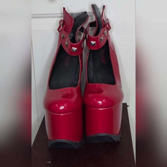 Demonia Shoes - Demonia Red Platform Shoes with Studded Strap